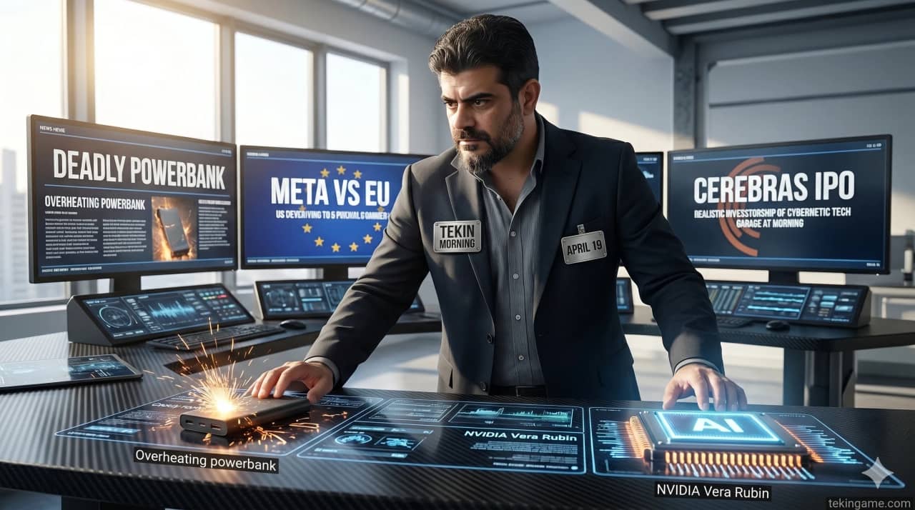 🌅 تيكن مورنينج 19 أبريل 2026: استدعاء مميت للباور بنك، حرب الاتحاد الأوروبي ضد Meta، طرح Cerebras العام، تحديثات Galaxy من Samsung و NVIDIA Vera Rubin