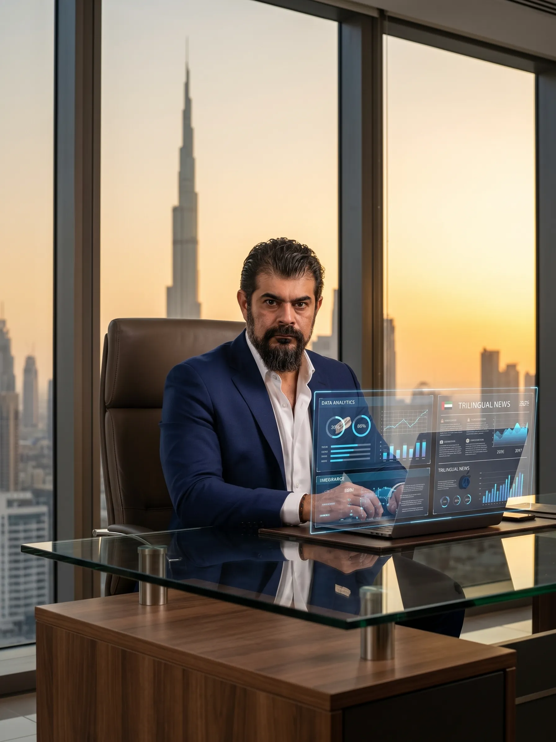 AI War Room & Swarm Command Center overlooking Burj Khalifa